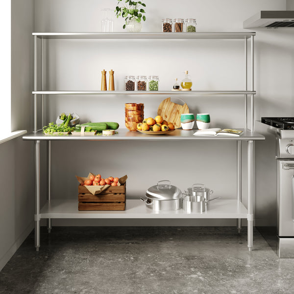 72"W x 24"D x 34.5"H |#| Commercial Stainless Steel Work Table with 2 Overshelves and 1 Undershef-24x72
