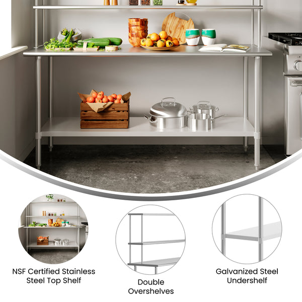 72"W x 24"D x 34.5"H |#| Commercial Stainless Steel Work Table with 2 Overshelves and 1 Undershef-24x72