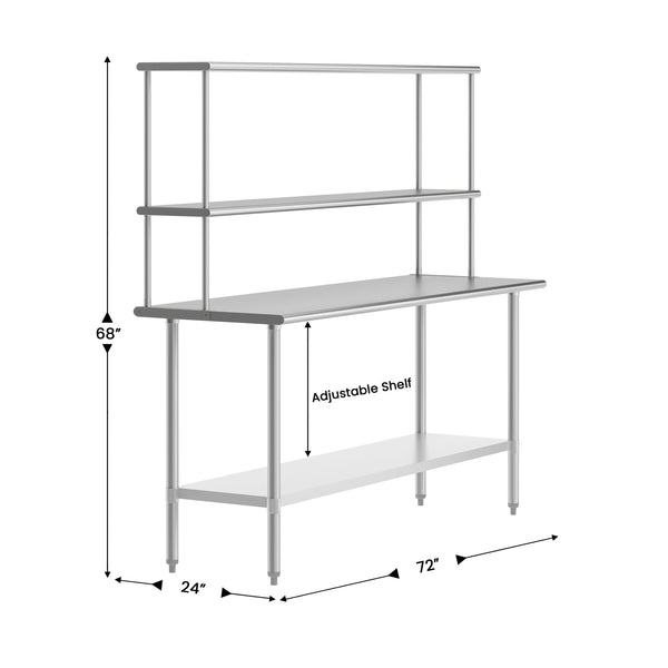 72"W x 24"D x 34.5"H |#| Commercial Stainless Steel Work Table with 2 Overshelves and 1 Undershef-24x72