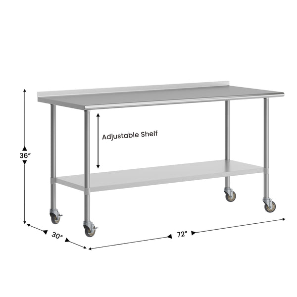 72"W x 30"D |#| Commercial Stainless Steel Work Table with 1.5" Backsplash and Undershelf -30x72