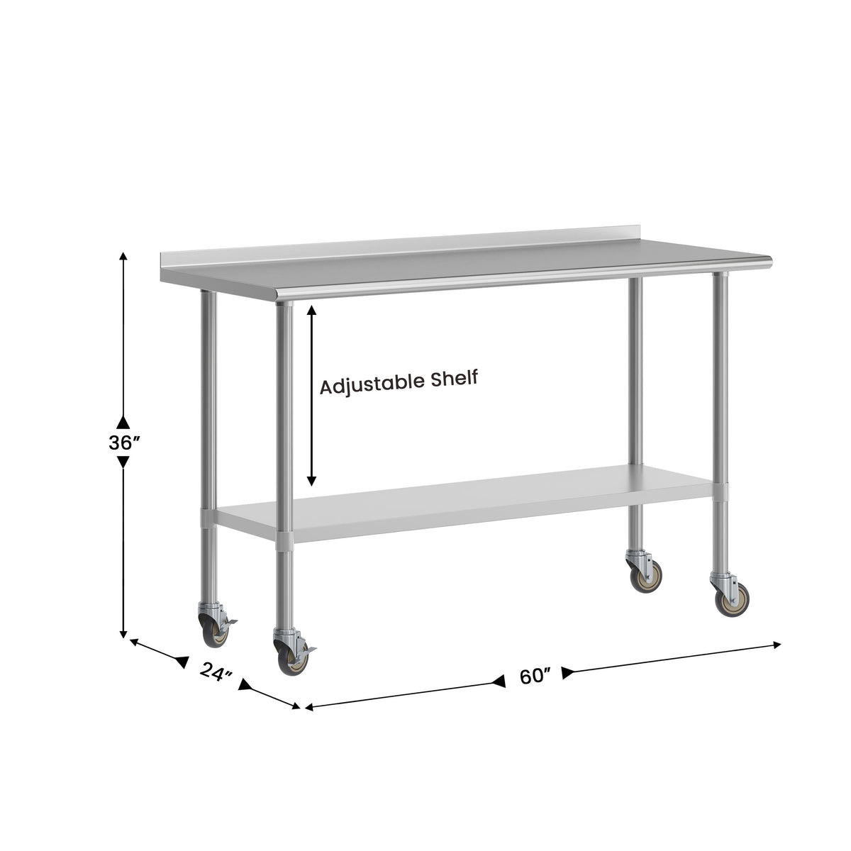 60"W x 24"D |#| Commercial Stainless Steel Work Table with 1.5" Backsplash and Undershelf -24x60