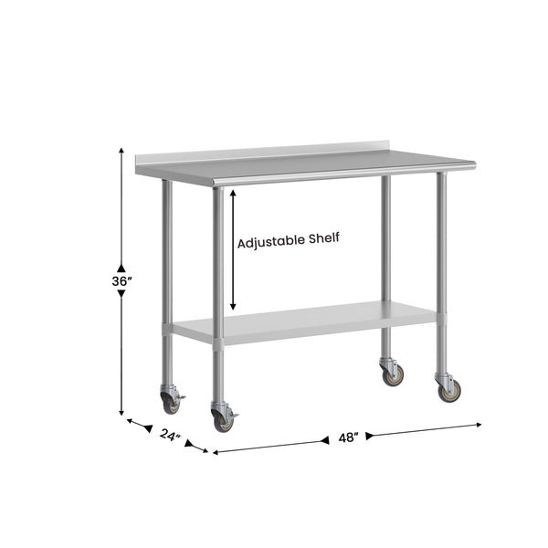 48"W x 24"D |#| Commercial Stainless Steel Work Table with 1.5" Backsplash and Undershelf -24x48