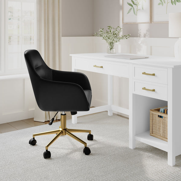 Black Faux Leather/Polished Brass Frame |#| Faux Leather Swivel Home Office Chair with Flared Arms-Black/Polished Brass