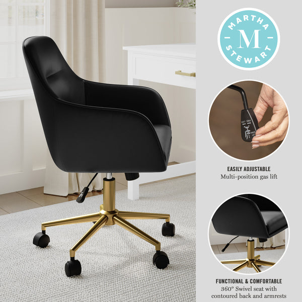 Black Faux Leather/Polished Brass Frame |#| Faux Leather Swivel Home Office Chair with Flared Arms-Black/Polished Brass