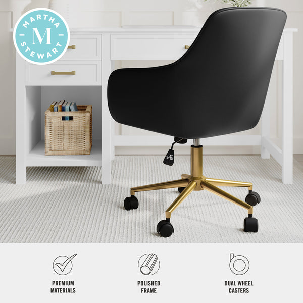 Black Faux Leather/Polished Brass Frame |#| Faux Leather Swivel Home Office Chair with Flared Arms-Black/Polished Brass