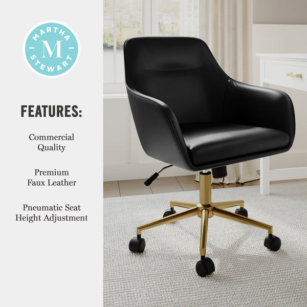 Black Faux Leather/Polished Brass Frame |#| Faux Leather Swivel Home Office Chair with Flared Arms-Black/Polished Brass