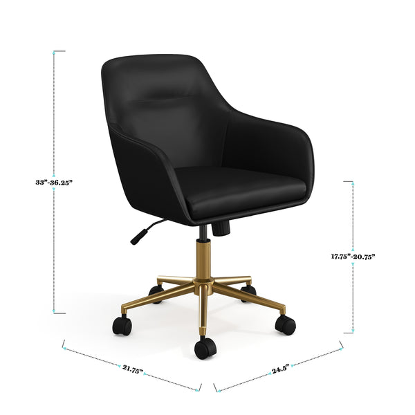 Black Faux Leather/Polished Brass Frame |#| Faux Leather Swivel Home Office Chair with Flared Arms-Black/Polished Brass