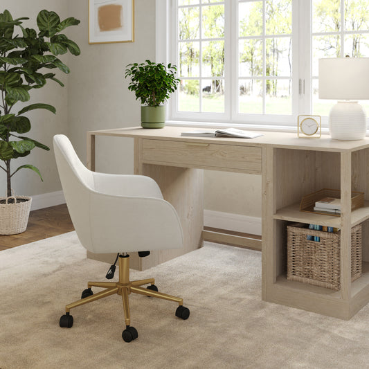 Off White Fabric/Polished Brass Frame |#| Fabric Swivel Home Office Chair with Flared Arms-Off White/Polished Brass