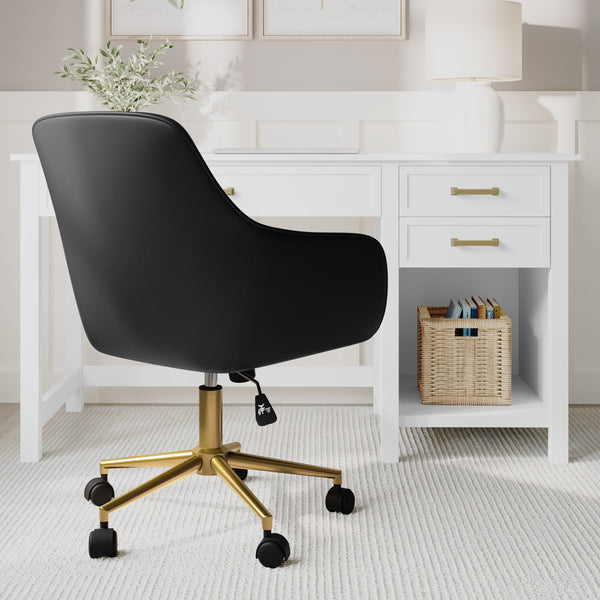 Black Faux Leather/Polished Brass Frame |#| Faux Leather Swivel Home Office Chair with Flared Arms-Black/Polished Brass