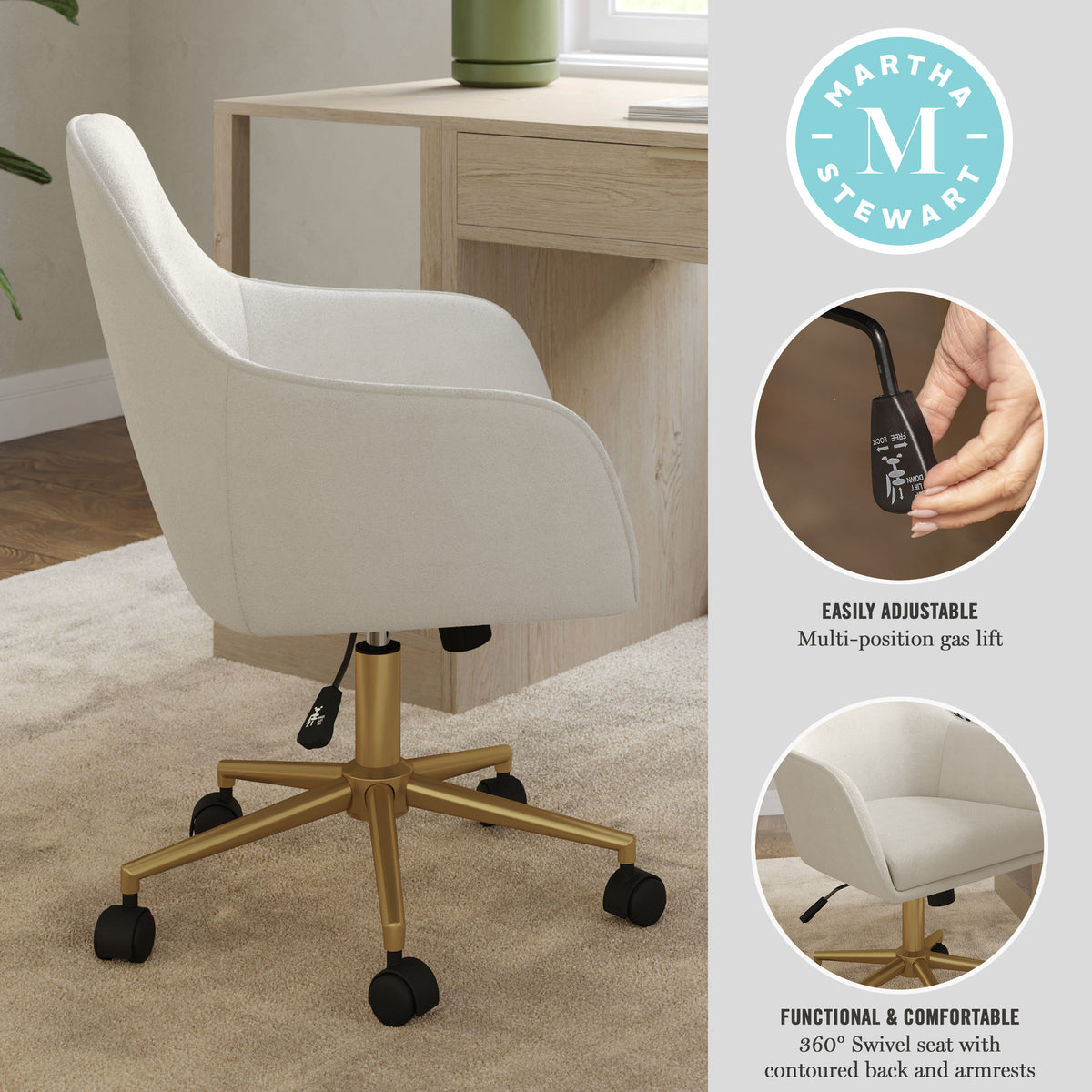 Off White Fabric/Polished Brass Frame |#| Fabric Swivel Home Office Chair with Flared Arms-Off White/Polished Brass