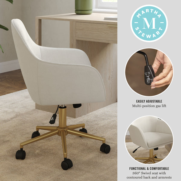 Off White Fabric/Polished Brass Frame |#| Fabric Swivel Home Office Chair with Flared Arms-Off White/Polished Brass