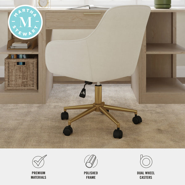 Off White Fabric/Polished Brass Frame |#| Fabric Swivel Home Office Chair with Flared Arms-Off White/Polished Brass