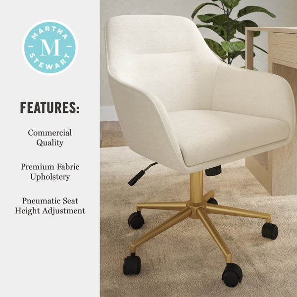 Off White Fabric/Polished Brass Frame |#| Fabric Swivel Home Office Chair with Flared Arms-Off White/Polished Brass