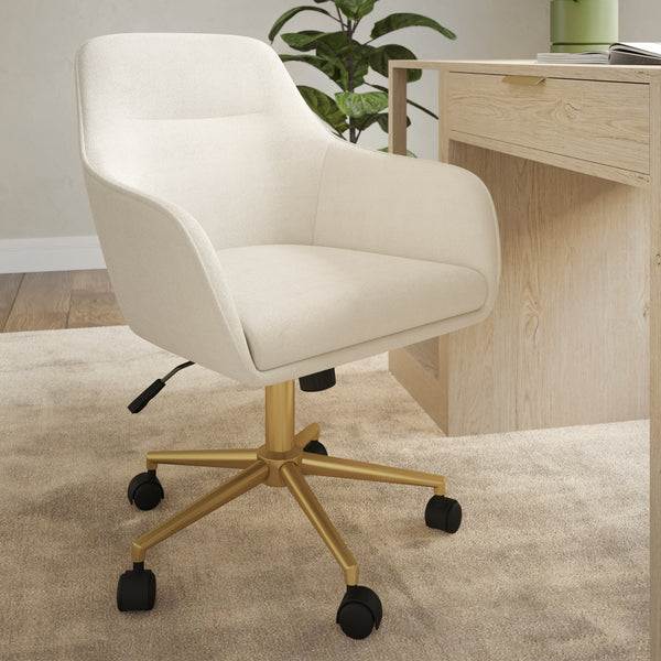 Off White Fabric/Polished Brass Frame |#| Fabric Swivel Home Office Chair with Flared Arms-Off White/Polished Brass
