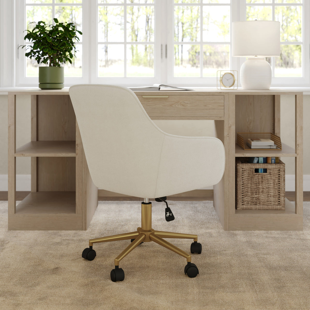 Off White Fabric/Polished Brass Frame |#| Fabric Swivel Home Office Chair with Flared Arms-Off White/Polished Brass