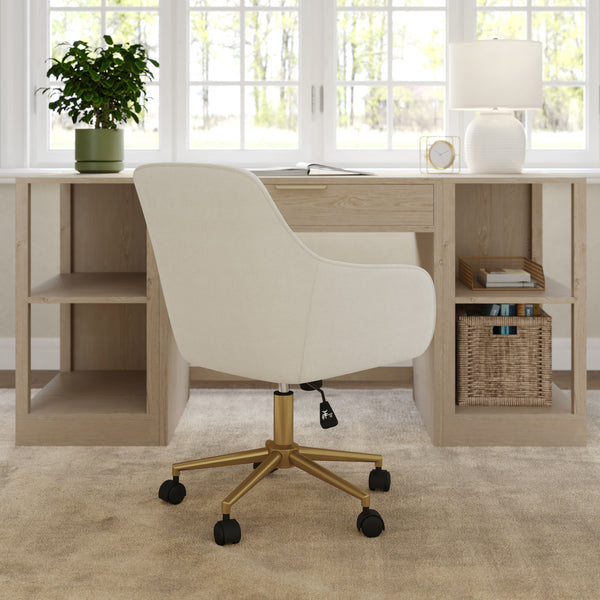 Off White Fabric/Polished Brass Frame |#| Fabric Swivel Home Office Chair with Flared Arms-Off White/Polished Brass