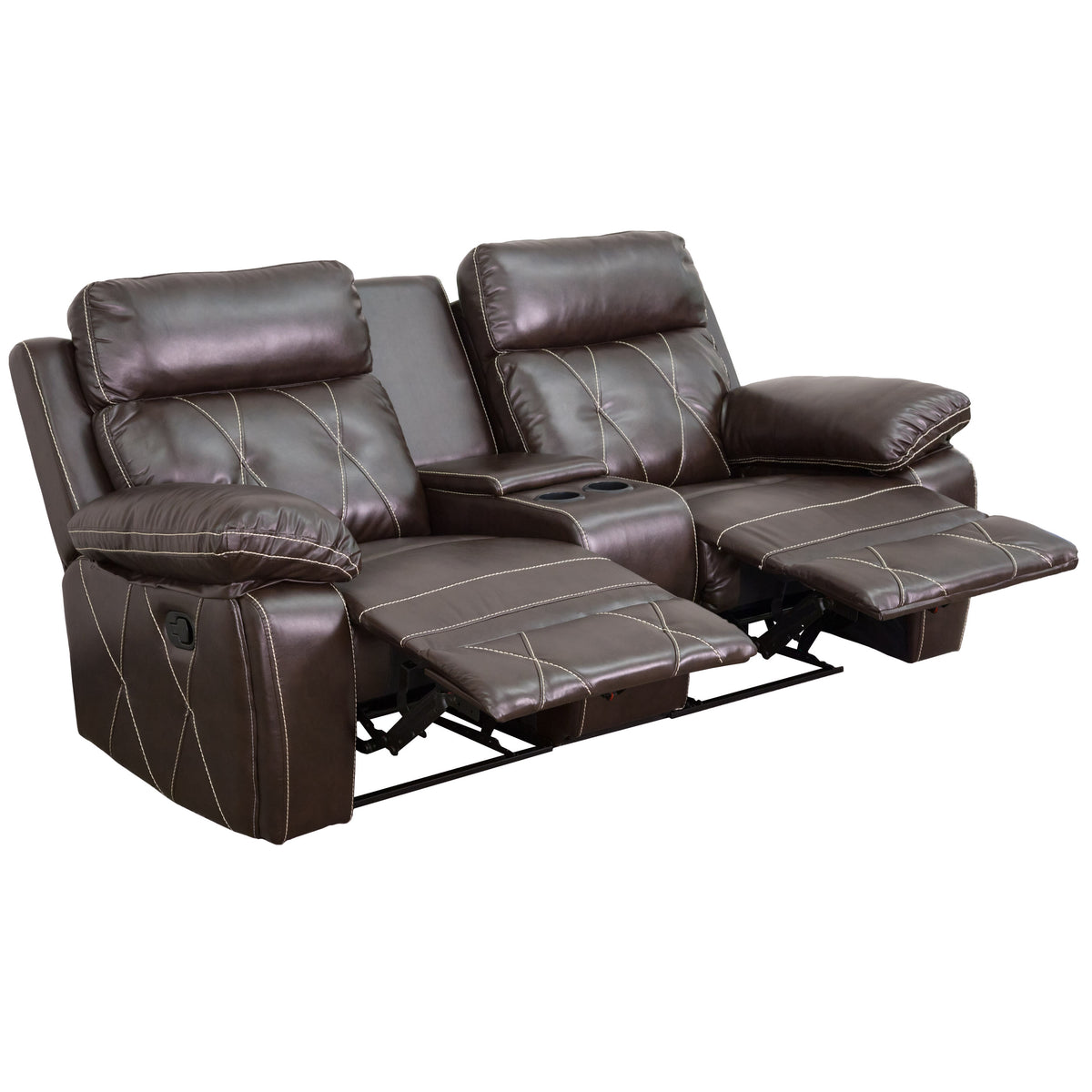 Brown |#| 2-Seat Reclining Brown LeatherSoft Theater Seating Unit w/Straight Cup Holders