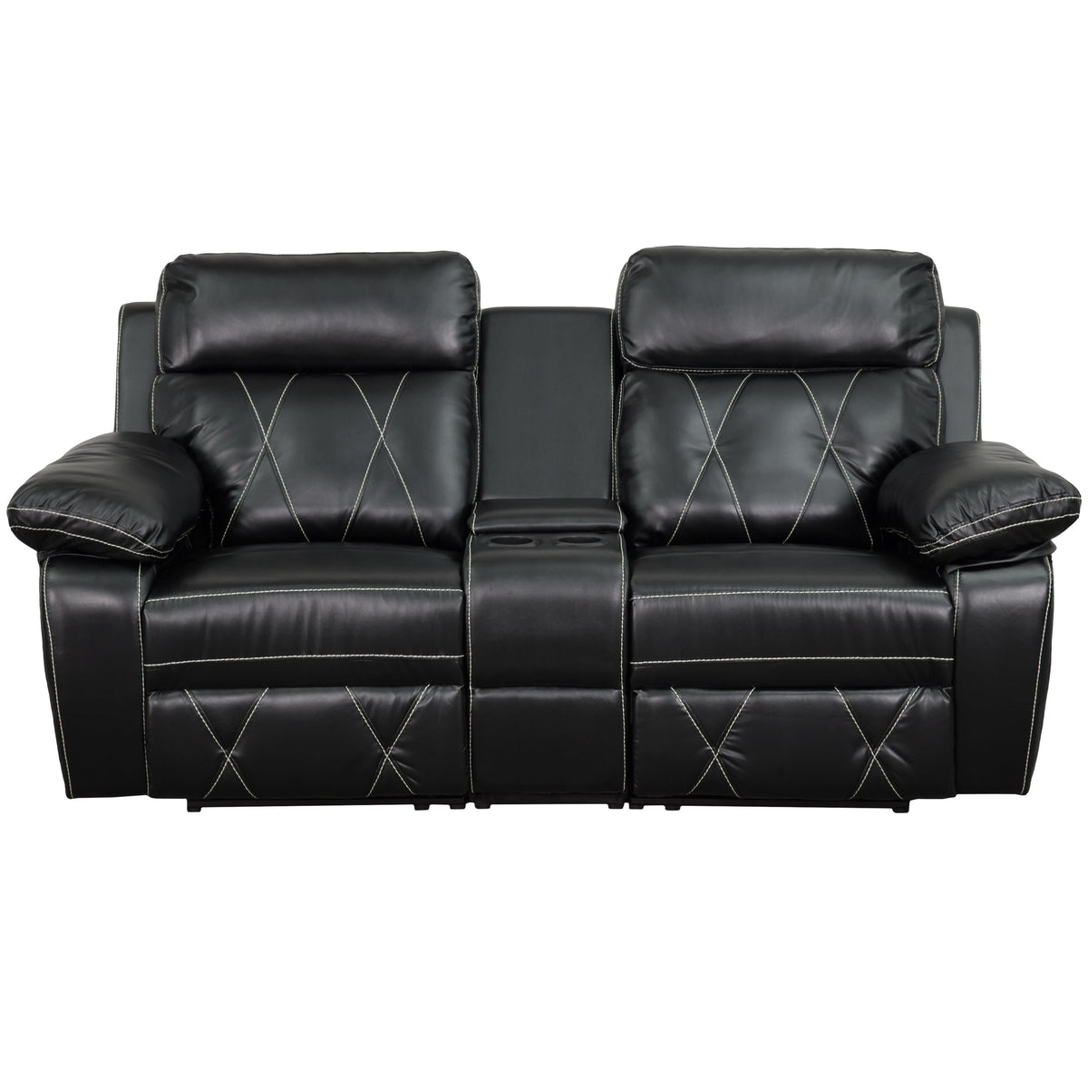 Black |#| 2-Seat Reclining Black LeatherSoft Theater Seating Unit w/Straight Cup Holders
