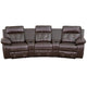 Brown |#| 3-Seat Reclining Brown LeatherSoft Theater Seating Unit with Curved Cup Holders