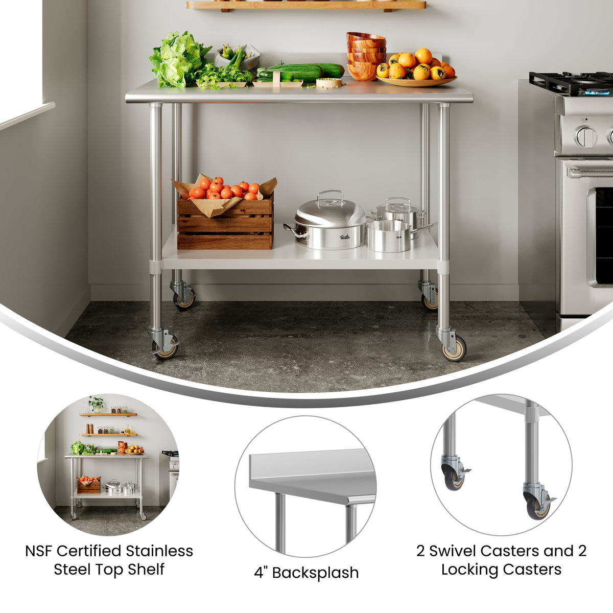 48"W x 30"D |#| Commercial Stainless Steel Work Table with 4" Backsplash- Adj. Undershelf-30x48