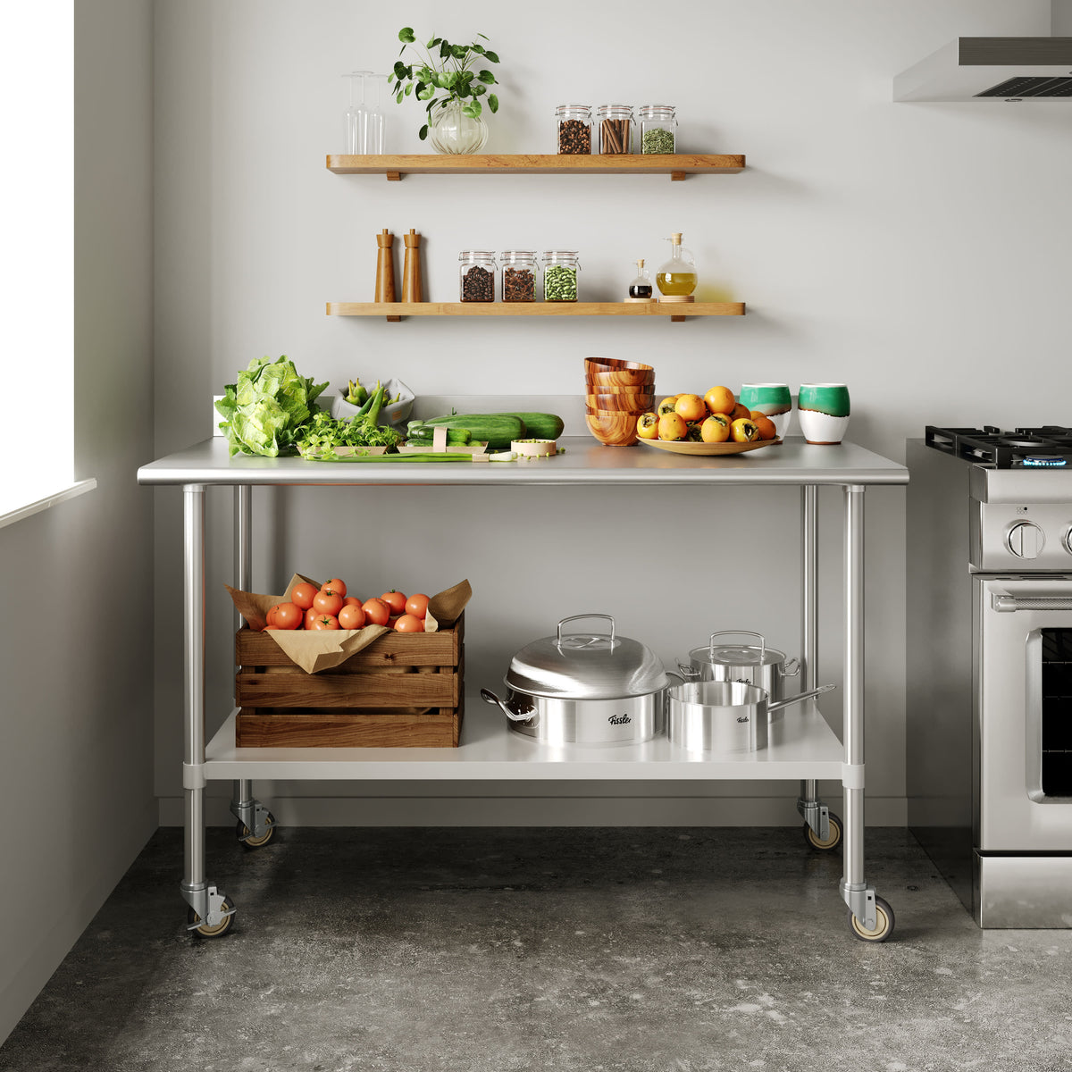 60"W x 30"D |#| Commercial Stainless Steel Work Table with 4" Backsplash- Adj. Undershelf-30x60