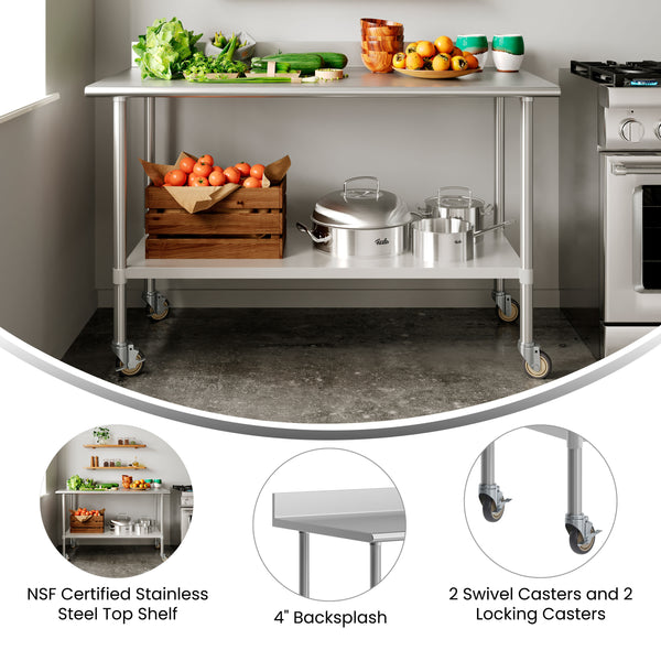 60"W x 30"D |#| Commercial Stainless Steel Work Table with 4" Backsplash- Adj. Undershelf-30x60