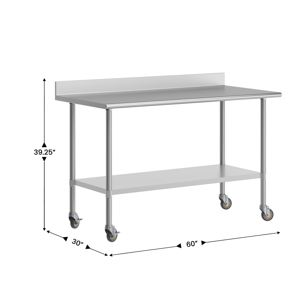 60"W x 30"D |#| Commercial Stainless Steel Work Table with 4" Backsplash- Adj. Undershelf-30x60