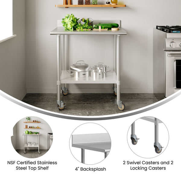 36"W x 30"D |#| Commercial Stainless Steel Work Table with 4" Backsplash- Adj. Undershelf-30x36