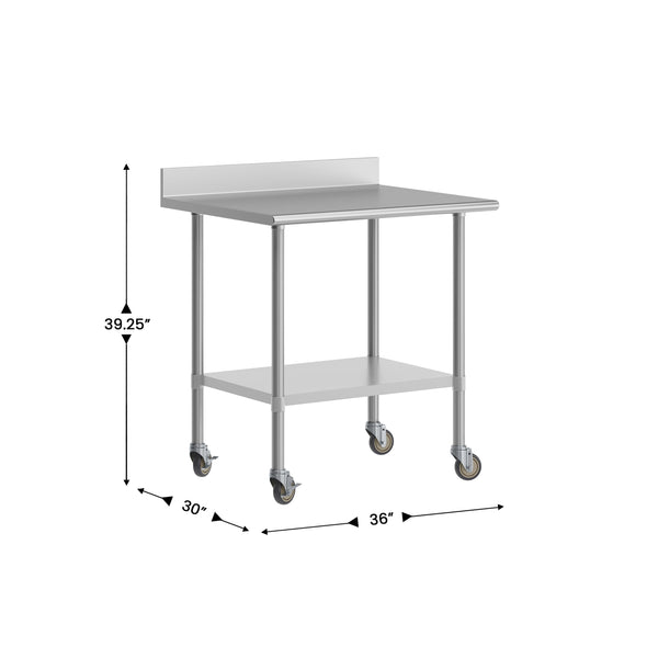 36"W x 30"D |#| Commercial Stainless Steel Work Table with 4" Backsplash- Adj. Undershelf-30x36