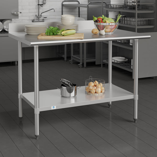 48"W x 30"D x 39.25"H |#| Commercial Stainless Steel Kitchen Prep and Work Table with Shelf and Backsplash