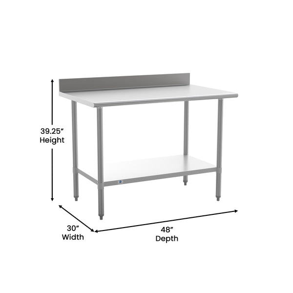 48"W x 30"D x 39.25"H |#| Commercial Stainless Steel Kitchen Prep and Work Table with Shelf and Backsplash