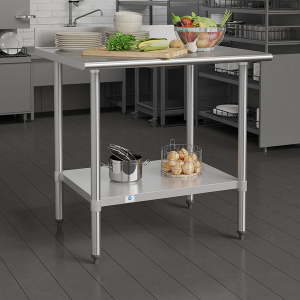 36"W x 30"D x 39.25"H |#| Commercial Stainless Steel Kitchen Prep and Work Table with Shelf and Backsplash