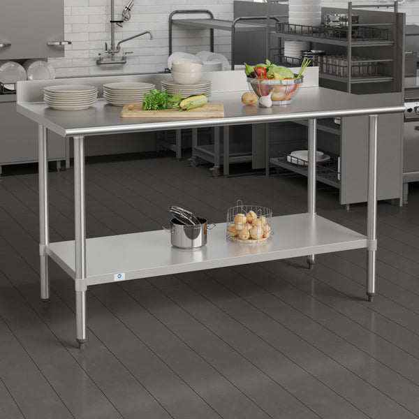 60"W x 30"D x 39.25"H |#| Commercial Stainless Steel Kitchen Prep and Work Table with Shelf and Backsplash