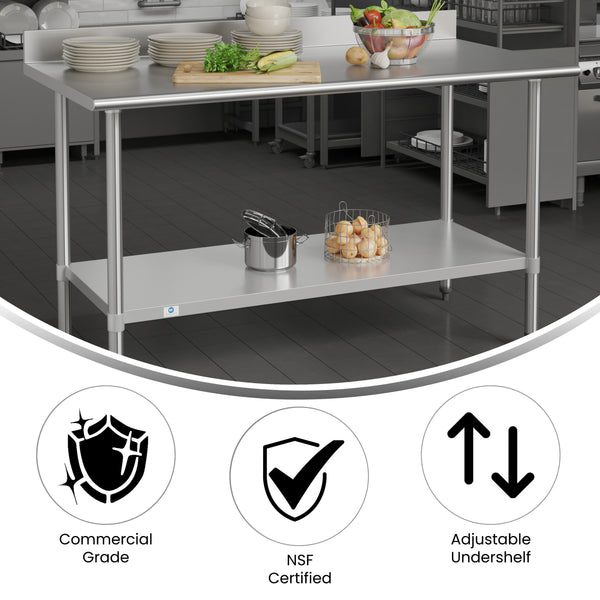 60"W x 30"D x 39.25"H |#| Commercial Stainless Steel Kitchen Prep and Work Table with Shelf and Backsplash