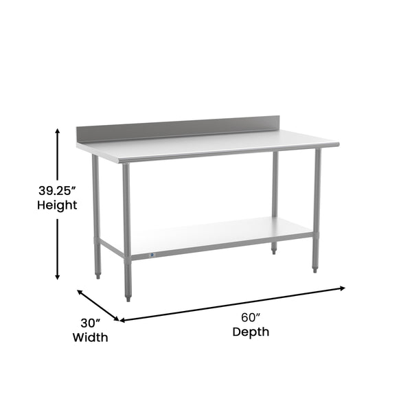 60"W x 30"D x 39.25"H |#| Commercial Stainless Steel Kitchen Prep and Work Table with Shelf and Backsplash