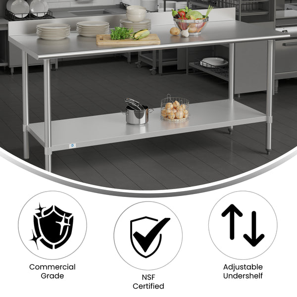 72"W x 30"D x 39.25"H |#| Commercial Stainless Steel Kitchen Prep and Work Table with Shelf and Backsplash