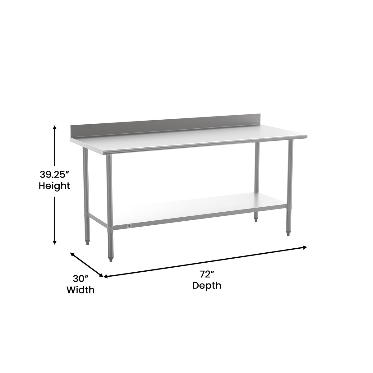 72"W x 30"D x 39.25"H |#| Commercial Stainless Steel Kitchen Prep and Work Table with Shelf and Backsplash