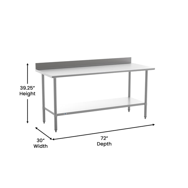 72"W x 30"D x 39.25"H |#| Commercial Stainless Steel Kitchen Prep and Work Table with Shelf and Backsplash