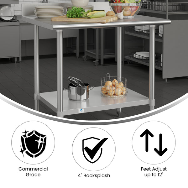 36"W x 30"D x 39.25"H |#| Commercial Stainless Steel Kitchen Prep and Work Table with Shelf and Backsplash