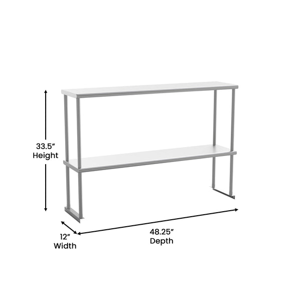 48.25"W x 12"D x 33.5"H |#| Commercial Grade NSF Certified Stainless Steel Metal Kitchen Double Overshelf