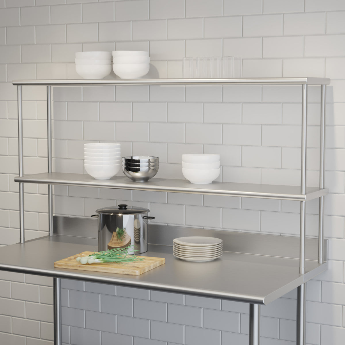 60"W x 12"D x 33.5"H |#| Commercial Grade NSF Certified Stainless Steel Metal Kitchen Double Overshelf