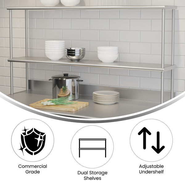60"W x 12"D x 33.5"H |#| Commercial Grade NSF Certified Stainless Steel Metal Kitchen Double Overshelf