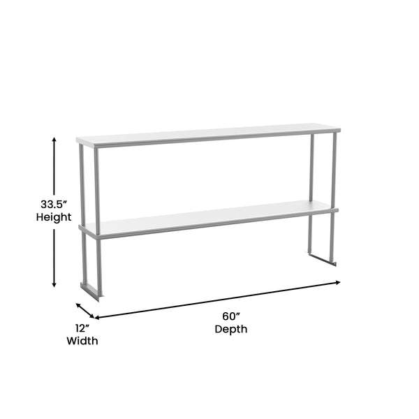 60"W x 12"D x 33.5"H |#| Commercial Grade NSF Certified Stainless Steel Metal Kitchen Double Overshelf