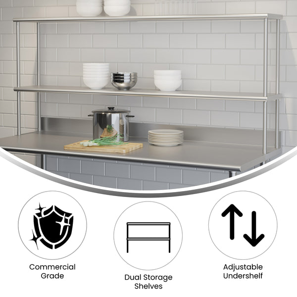72"W x 12"D x 33.5"H |#| Commercial Grade NSF Certified Stainless Steel Metal Kitchen Double Overshelf