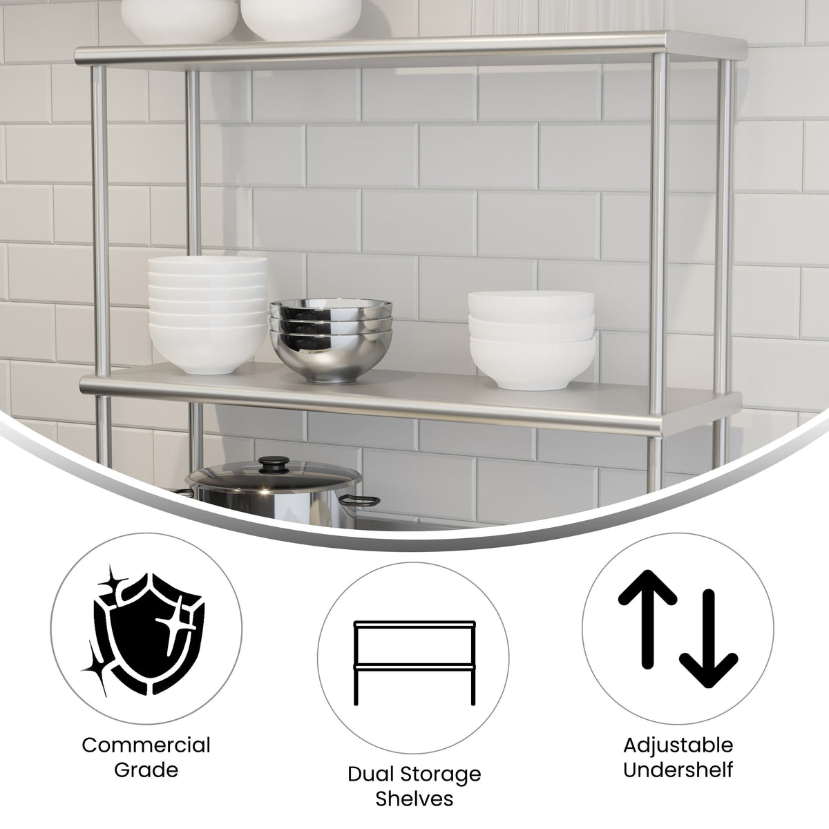 36"W x 12"D x 33.5"H |#| Commercial Grade NSF Certified Stainless Steel Metal Kitchen Double Overshelf
