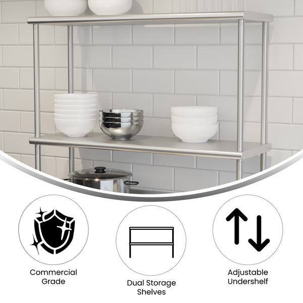 36"W x 12"D x 33.5"H |#| Commercial Grade NSF Certified Stainless Steel Metal Kitchen Double Overshelf