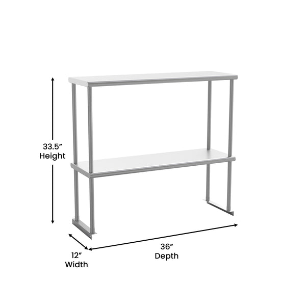 36"W x 12"D x 33.5"H |#| Commercial Grade NSF Certified Stainless Steel Metal Kitchen Double Overshelf