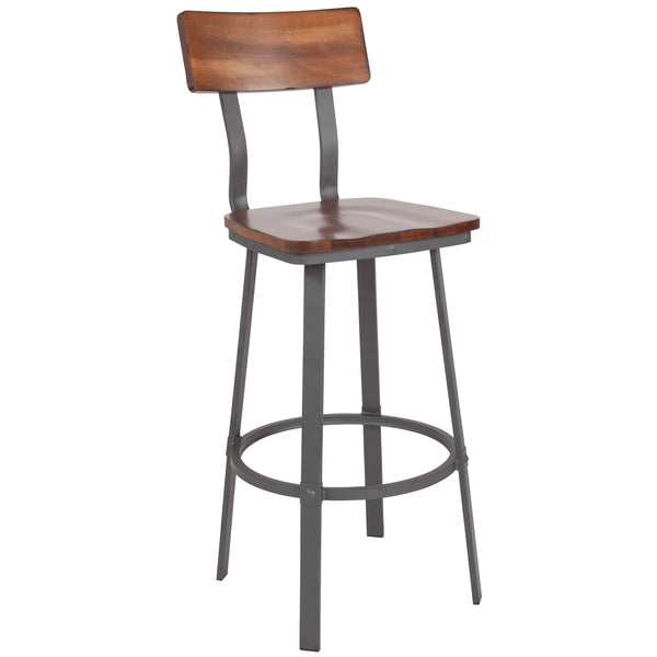 Rustic Walnut |#| Rustic Walnut Restaurant Barstool with Wood Seat & Back & Gray Powder Coat Frame
