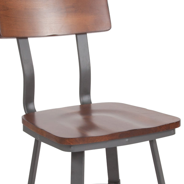 Rustic Walnut Restaurant Chair with Wood Seat & Back and Gray Powder Coat Frame