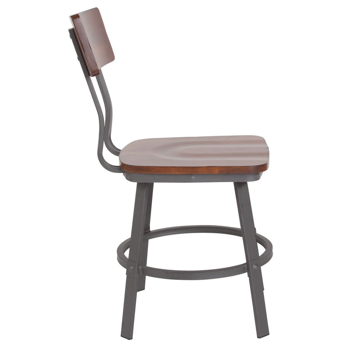 Rustic Walnut Restaurant Chair with Wood Seat & Back and Gray Powder Coat Frame